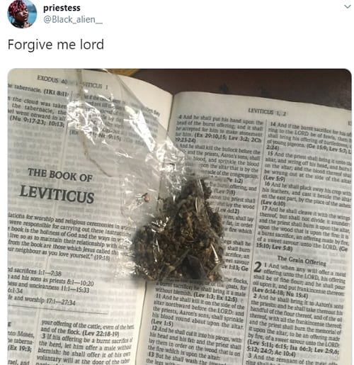 Elle fume de l'herbe avec la partie de la Bible demandant aux femmes d'être soumises