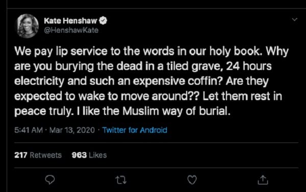 "La méthode d'enterrement musulmane est la meilleure", dixit l'actrice Kata Henshaw