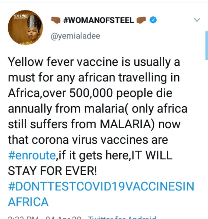 La RDC prête à accueillir des essais d’un vaccin contre le Covid-19, Yemi Alade réagit!