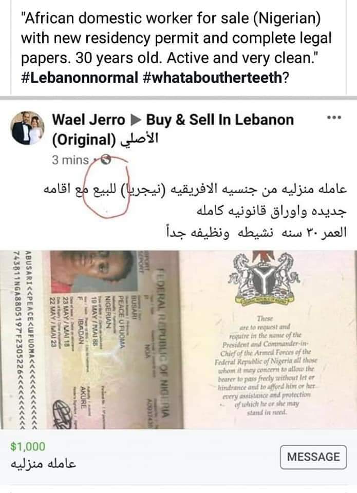 « C'est illégal et inhumain » : un Libanais met en vente une Nigériane sur Facebook pour 1 000 dollars