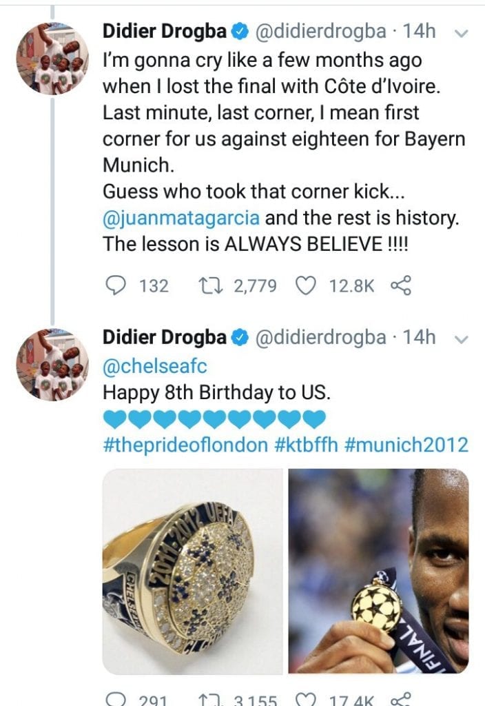 Ligue des champions: Drogba fait une révélation sur le sacre de Chelsea