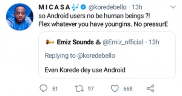 Korede Bello: Moqué pour avoir utilisé un téléphone Android, il donne un important conseil  aux jeunes