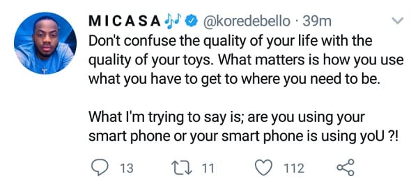 Korede Bello: Moqué pour avoir utilisé un téléphone Android, il donne un important conseil  aux jeunes