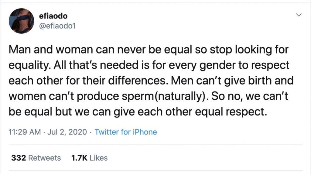 ''L'homme et la femme ne peuvent jamais être égaux”- Efia Odo