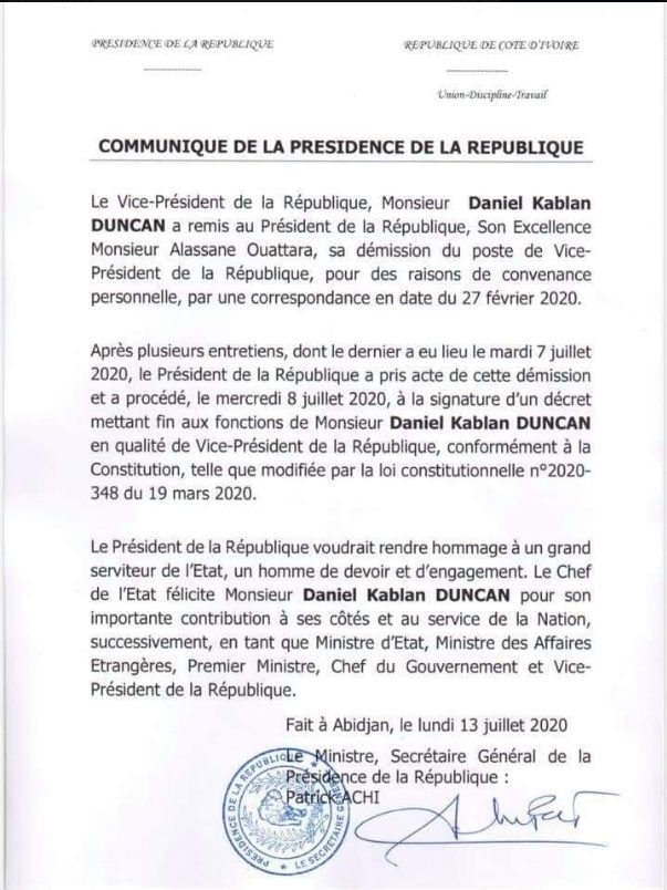 Côte d'Ivoire : Daniel Kablan Duncan démissionne de son poste...La présidence réagit!