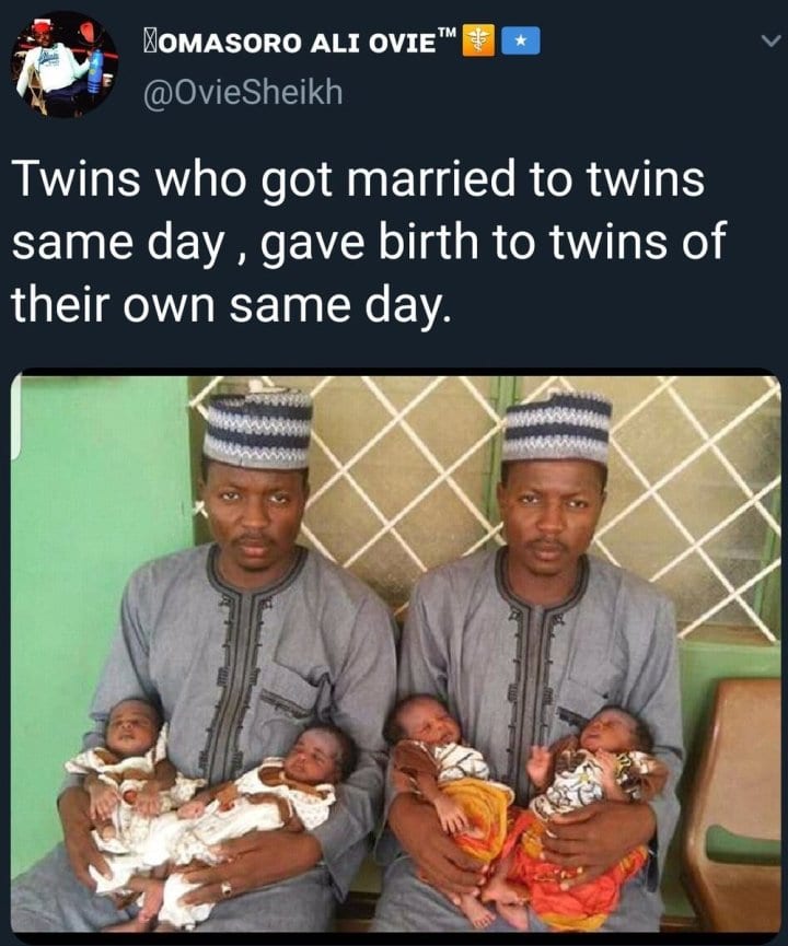Des jumeaux  mariés à des jumelles donnent naissance à des jumeaux le même jour
