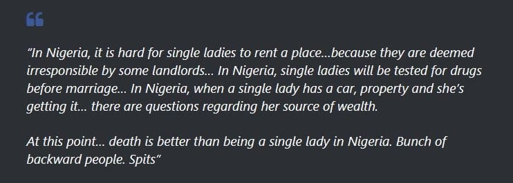 «La mort est mieux qu'être une femme célibataire au Nigeria », dixit une Rappeuse