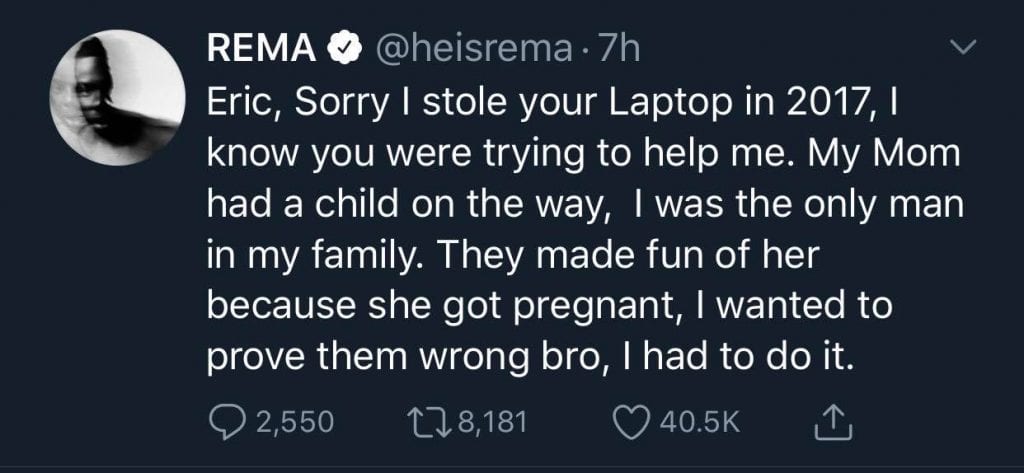 Rema : il avoue avoir volé l'ordinateur portable de son ami à cause de sa mère