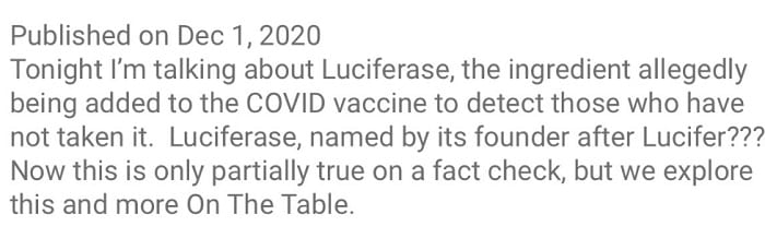 Selon les théories du complot, la «luciferase», dérivé de Lucifer est un composant du vaccin Covid-19