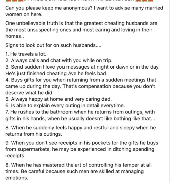 Ghana : un homme liste 10 signes d'un mari infidèle