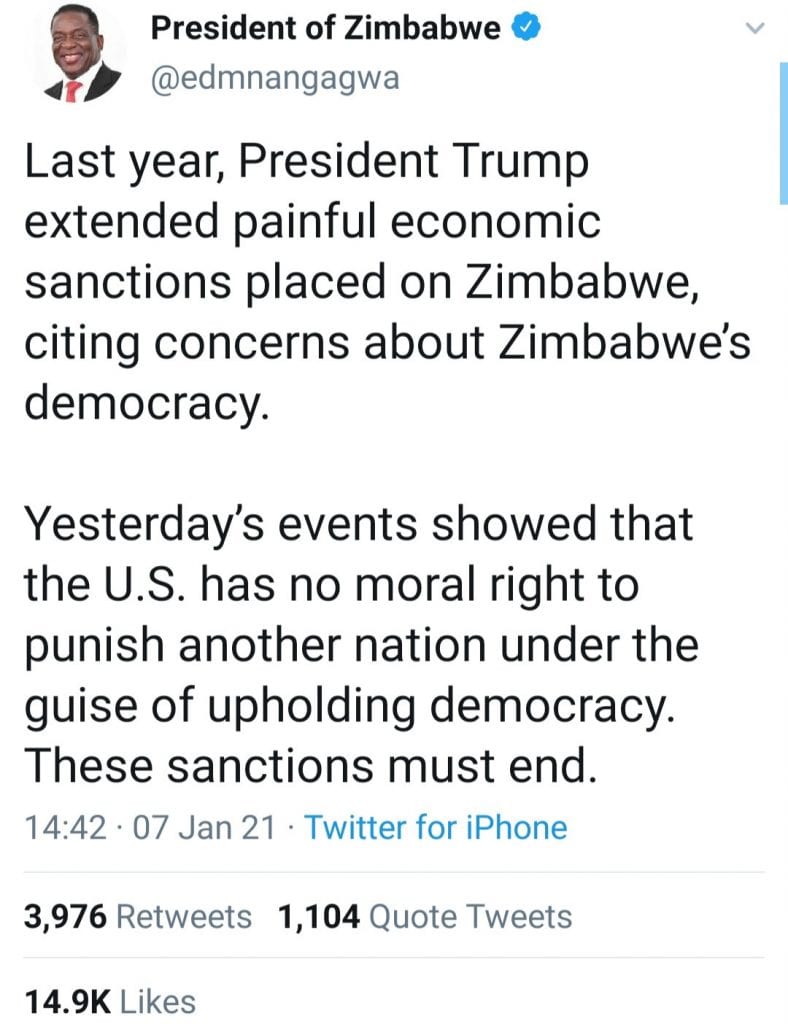 "Les USA n'ont aucun droit moral de punir une autre nation sous prétexte de défendre la démocratie»- le président zimbabwéen